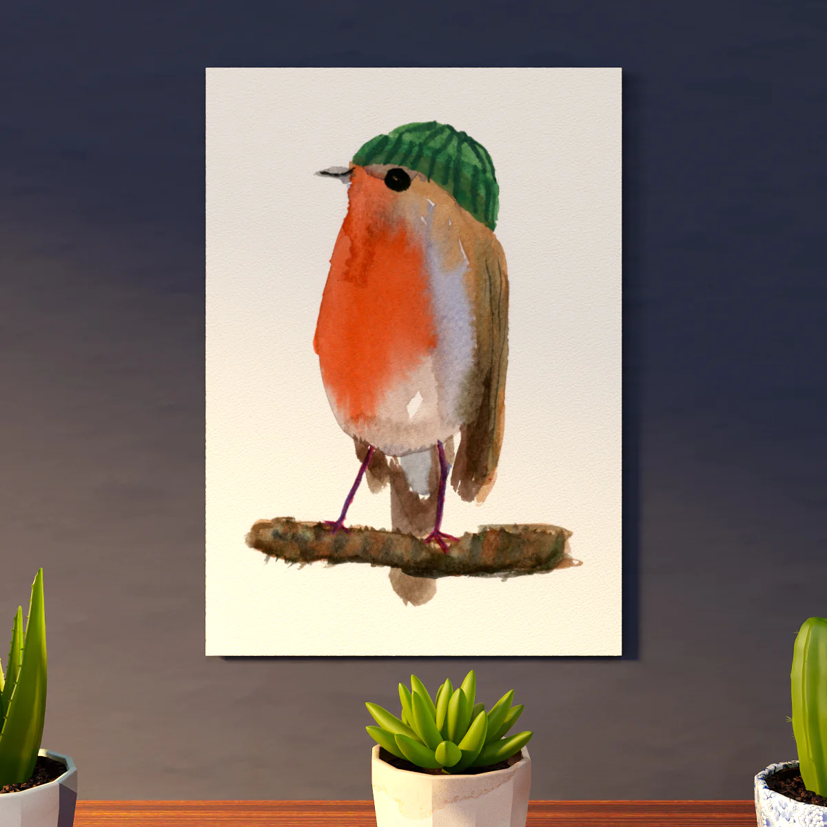 Robin in a Beanie Hat A4 Art Print - Image 3