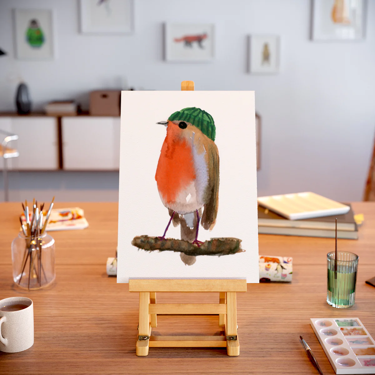 Robin in a Beanie Hat A4 Art Print - Image 4