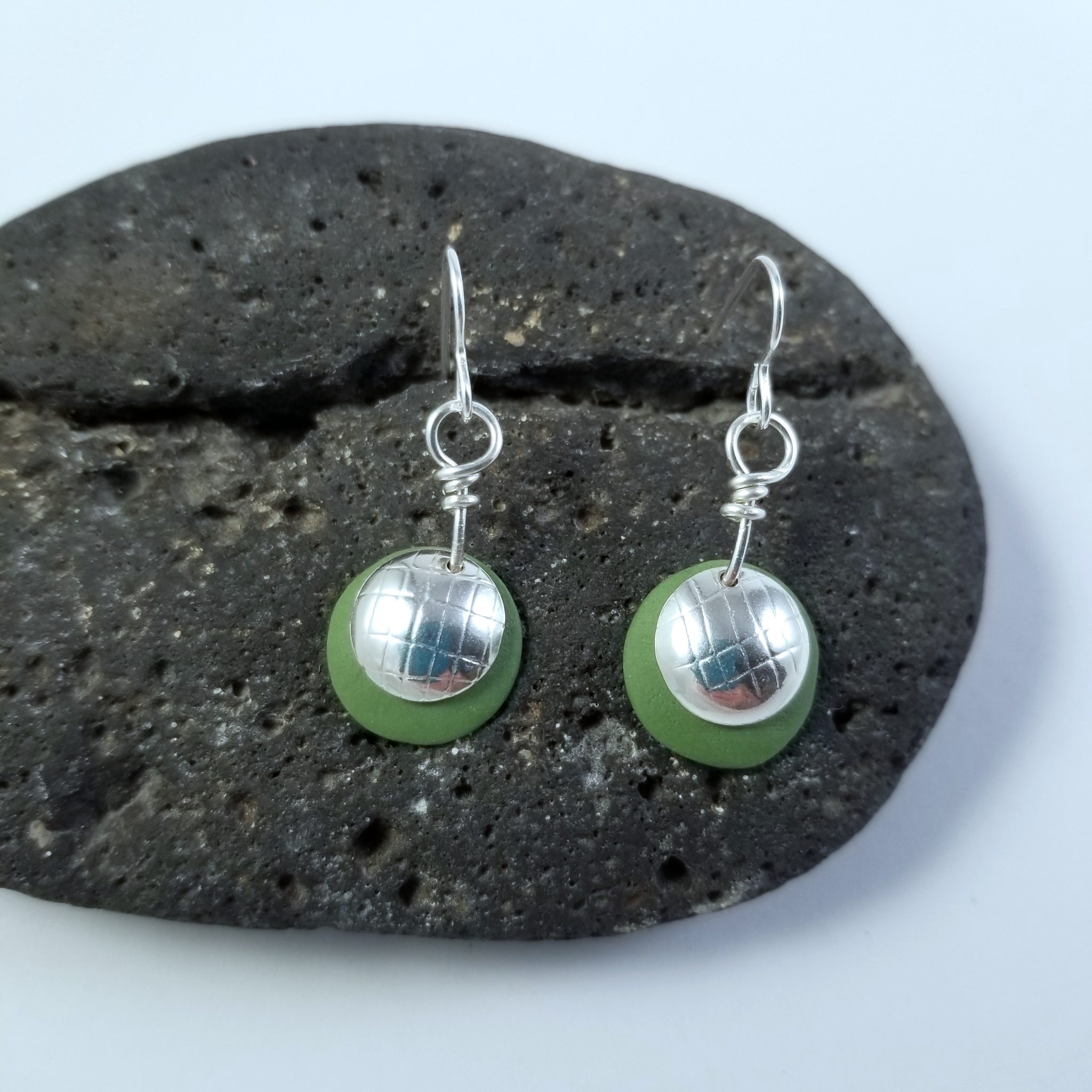 Sterling Silver and Green Porcelain Dome Earrings