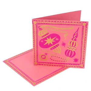 Vintage Baubles Hand Printed Festive Christmas Greeting Card - Pink