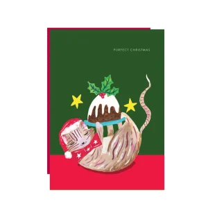 Cat and Christmas Pudding Christmas Card