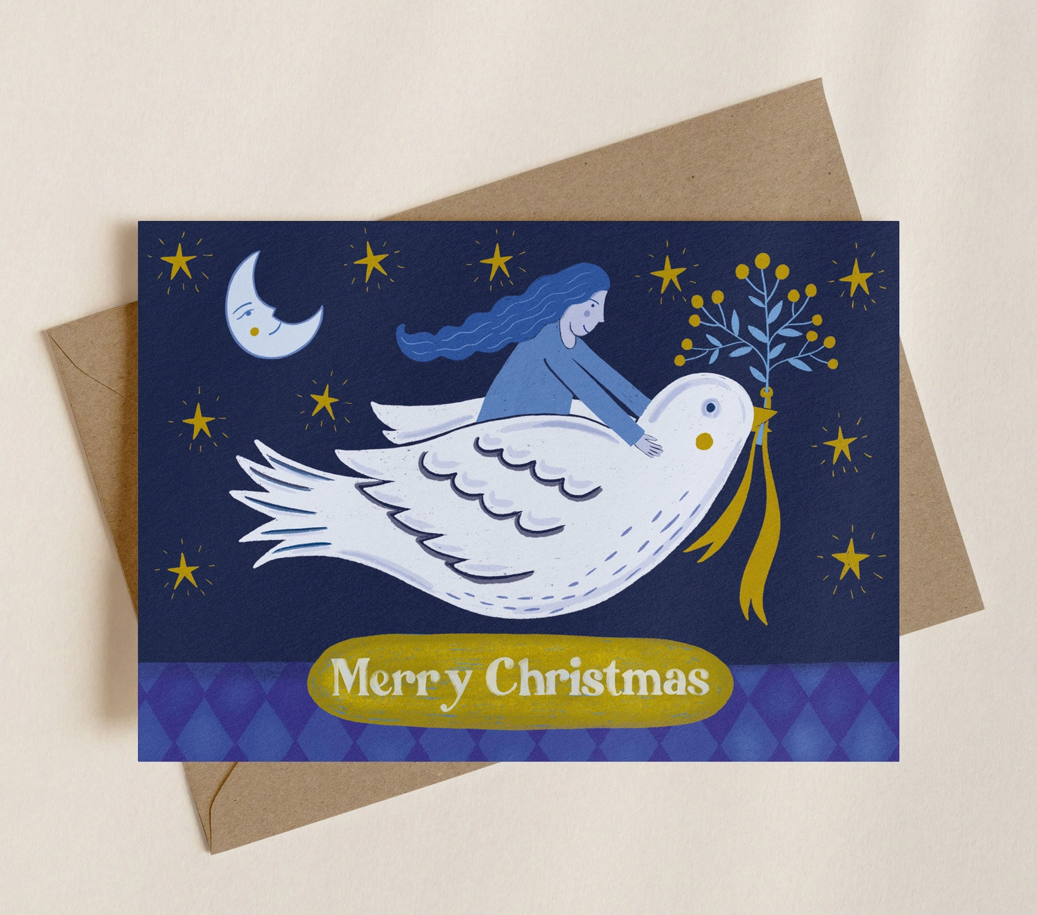 Folk Dove and Girl Christmas Card